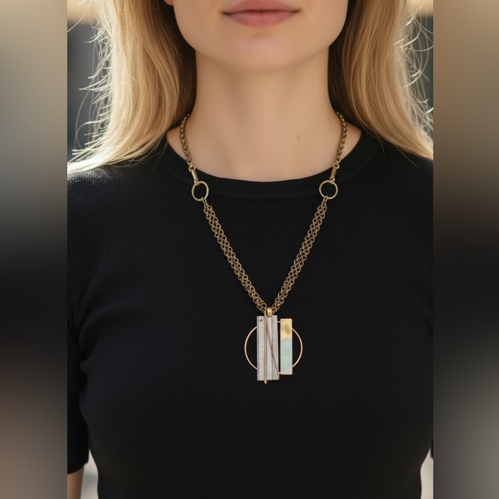 Retro 80s Gold and Silver Modern Multi-Bar Pendant Necklace